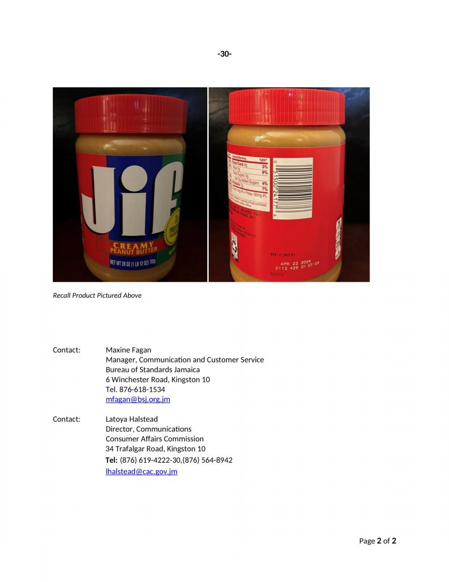 FOR IMMEDIATE RELEASE RECALL NOTICE JIF Peanut Butter National